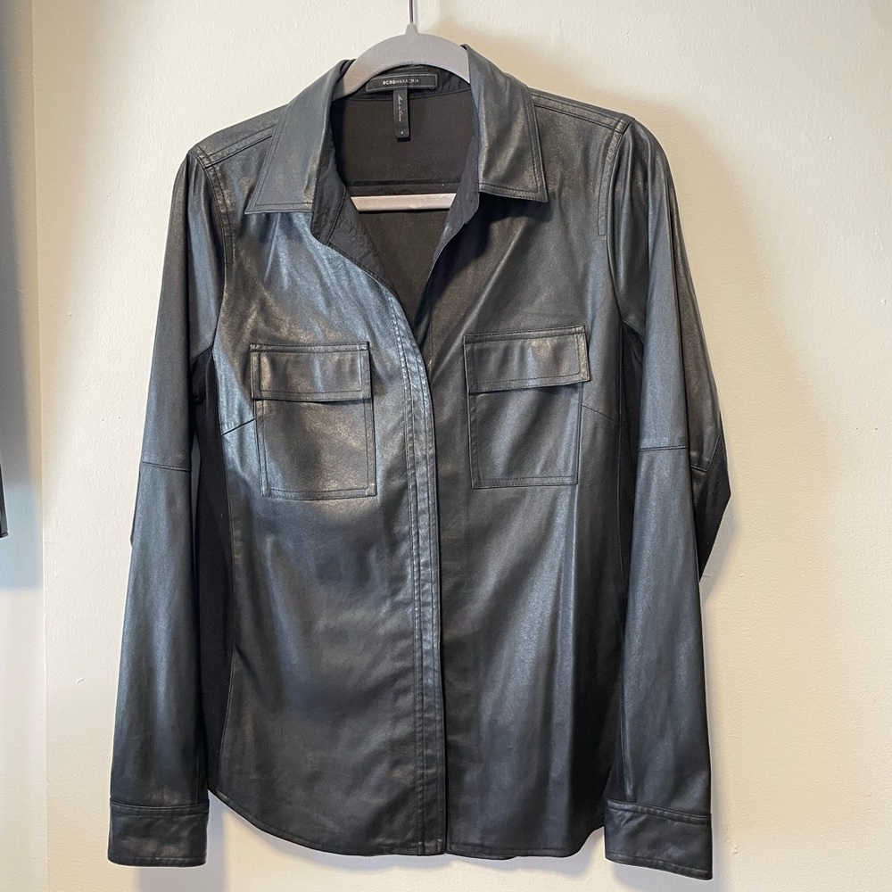 BCBG Vegan Leather Button Down Shirt Jacket